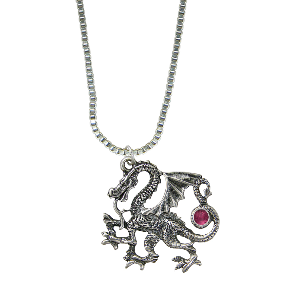 Sterling Silver Large Fighting Dragon Pendant With Pink Tourmaline